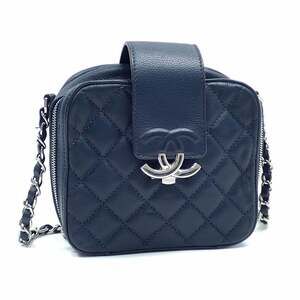 Chanel Chain Shoulder Bag Matelasse Camera Women's Navy Caviar Skin A98644 Co...